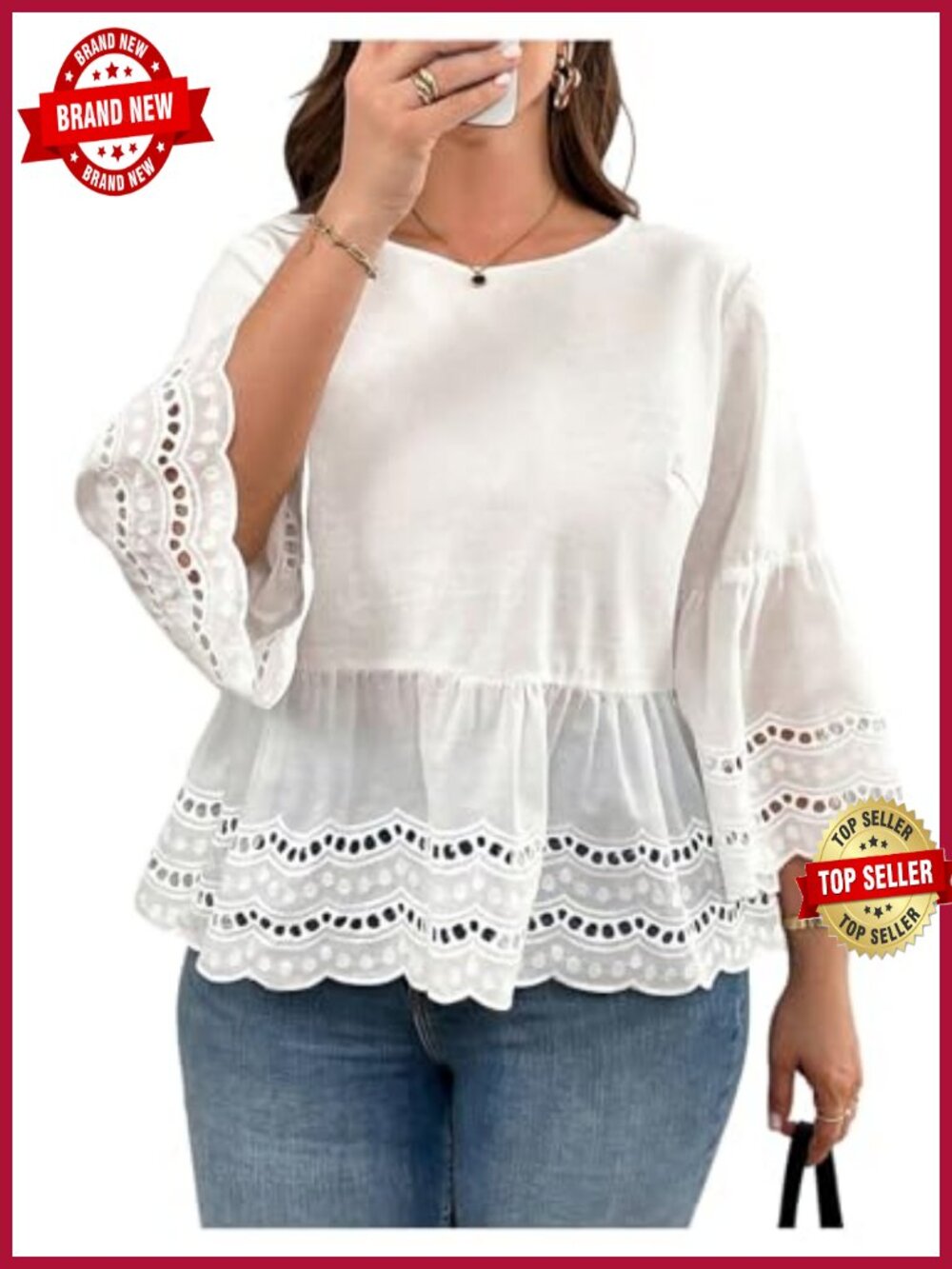 Eyelet Embroidery Peplum Blouse 3/4 Sleeve Crew Neck Flare Hem Summer Top - Picture 1 of 4